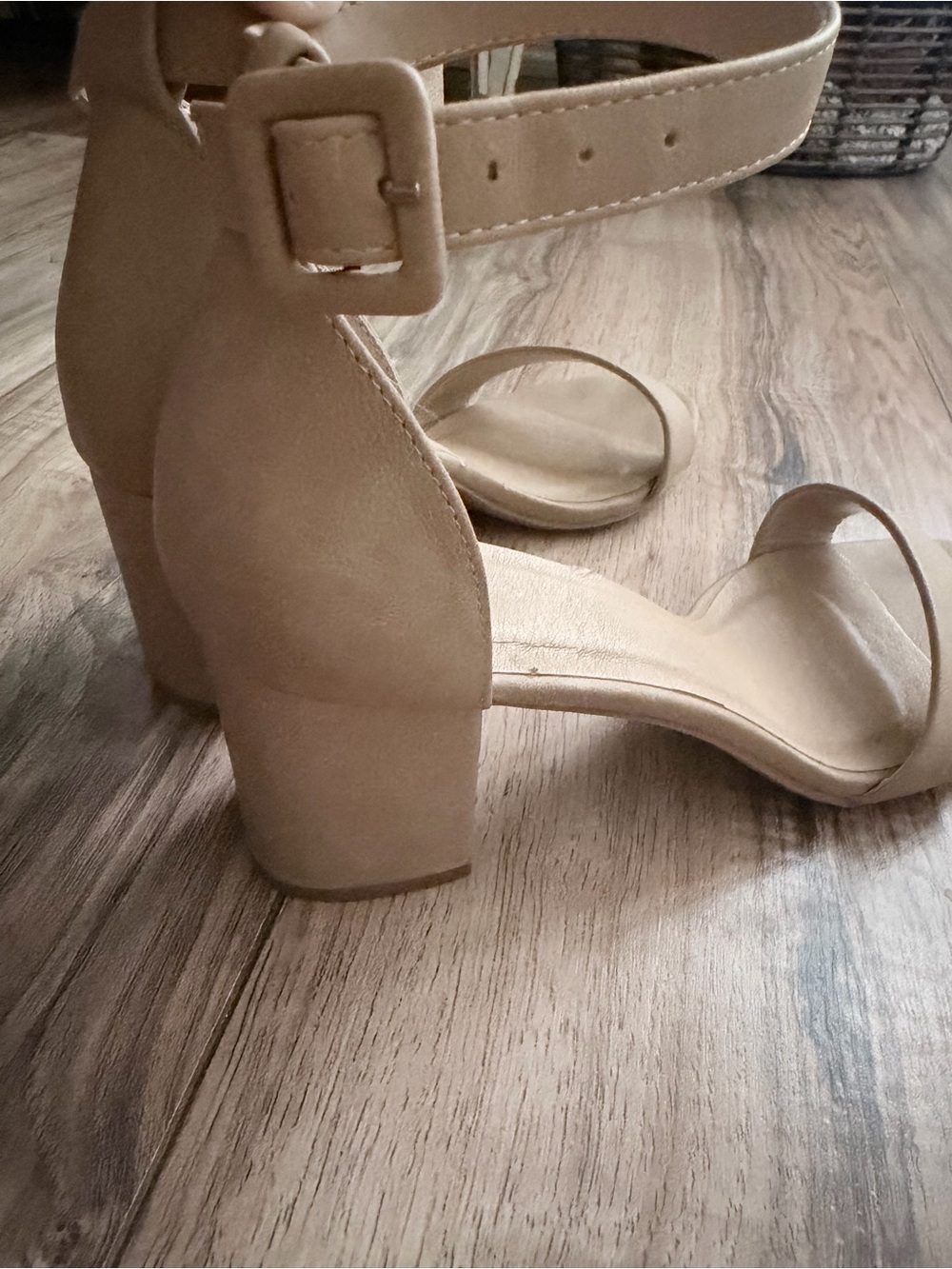 Classic Ankle-Strap Block Heel Sandals in Nude